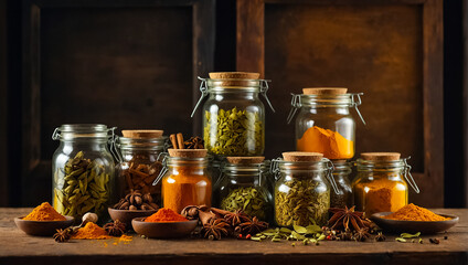 many different  natural  dry spices in glass jars in the kitchen
