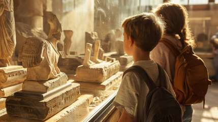 Naklejka premium children carefully examine exhibits in a historical museum, a child looks at an ancient statue, kids, schoolchildren on an excursion, Egypt, study, people in the exhibition hall, archeology