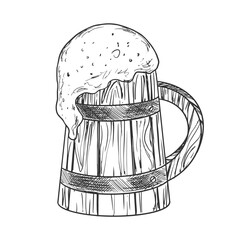 Wooden beer mug. Sketch style beer with foam. Wooden tankard on white background. Engraved style vector illustration.
