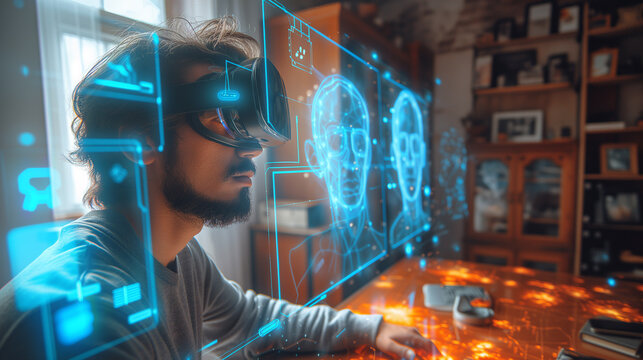 VR-clad professional discusses with hologram colleague in futuristic office - Powered by Adobe