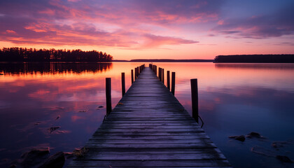 Tranquil sunset over water, nature beauty in serene twilight generated by AI - obrazy, fototapety, plakaty