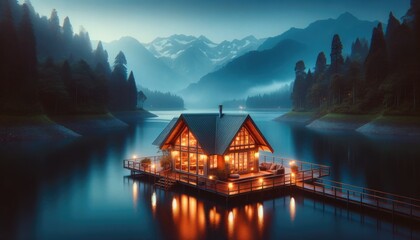 A wooden cottage located at the shore of Millstaetter lake in Austria. The lake is surrounded by high Alps. Calm surface of the lake reflecting the mountains.Golden hour. Calmness and serenity - 734299556