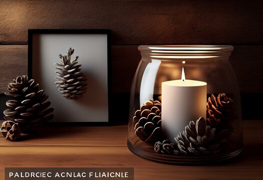 Horizontal interior mock up with candle and pine cones on empty wooden wall background. 3D rendering. Generative AI