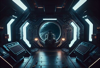 Spaceship interior, dark futuristic entrance, generative AI - obrazy, fototapety, plakaty