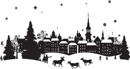 Obraz premium Midnight Magic Elegant Black Christmas Card Illustration Ink Winter Wonderland Contemporary Vector Christmas Card