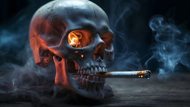 Calavera con un cigarrillo en su boca