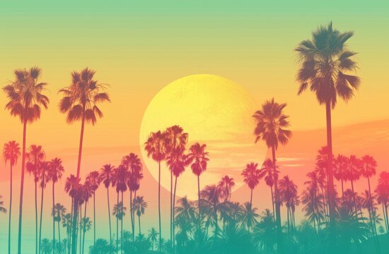 a tropical summer landscape with bright palm trees Generative AI