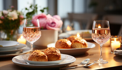 Luxury meal  gourmet food, wine, candle, elegance, celebration, decoration generated by AI