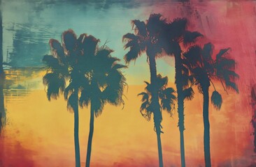 palm trees with colorful sky against pastel background Generative AI