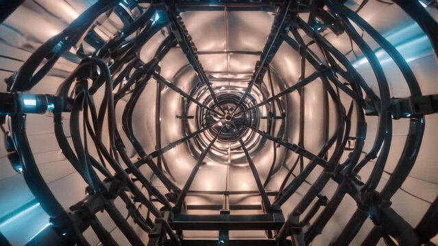 Exploring the Interior of a Metal Structure With Blue Lights