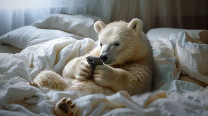 Foto op Canvas White polar bear lying in bed with a cellphone.  © L U D O G R A F I K
