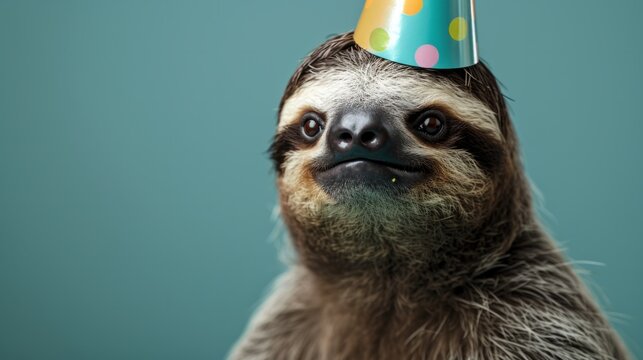 Sloth with birthday hat, teal background generative ai