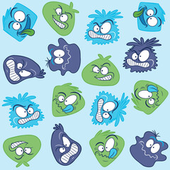 Pattern of monsters with different faces and gestures, different colors, very cute and at the same time funny, some with striped elements