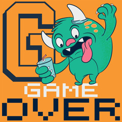 Illustration of little monster with text " Game Over " with horns and soda in hand number in background and in college style