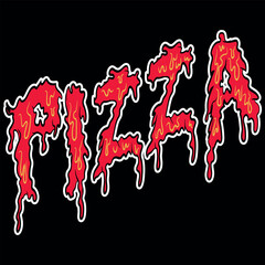 illustration of pizza text with the effect of the cheese melting bright and attractive colors in white outline to enhance it