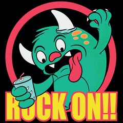 Illustration of little monster with text " Rock On " with horns and soda in hand number in background and in college style