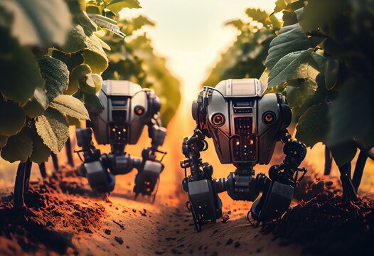 Future farming, and innovative technology in agriculture, robots working in vineyards. Generative Ai