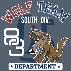 Illustration of wolf mascot with American football elements, with ball and text " Wolf Team South Division Department " with bright colors and texts on different backgrounds combining shields.