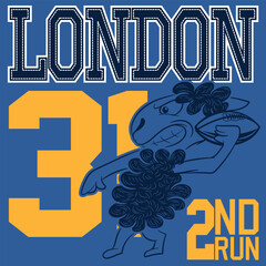 Illustration of ram mascot with American football elements, with ball and text " Street Athletic Black Ship London  " with bright colors and texts on different backgrounds combining shields.
