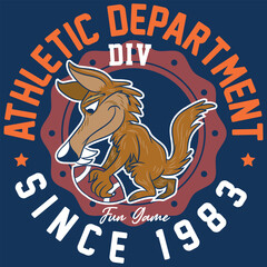 Illustration of wolf mascot with American football elements, with ball and text " Athletic Department Since 1983 " with bright colors and texts on different backgrounds combining shields.