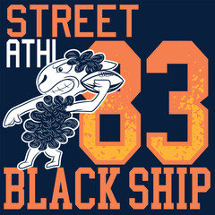 Illustration of ram mascot with American football elements, with ball and text " Street Athletic Black Ship Since 1983  " with bright colors and texts on different backgrounds combining shields.
