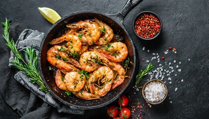 Spicy roasted shrimps in cast iron pan , black background, top view, copy space