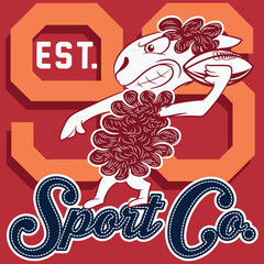 Illustration of ram mascot with American football elements, with ball and text " Sport Club Since 1995 Athletic Dept.  " with bright colors and text.