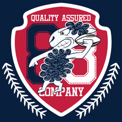 Illustration of ram mascot with American football elements, with ball and text " Quality Assured Company " with bright colors and texts on different backgrounds combining shields.