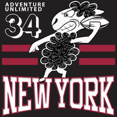 Illustration of ram mascot with American football elements, with ball and text " New York 34 Unlimited " with bright colors and texts on different backgrounds combining shields and letters or numbers.