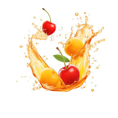 realistic fresh ripe rainier cherry with slices falling inside swirl fluid gestures of milk or yoghurt juice splash png isolated on a white background with clipping path. selective focus - obrazy, fototapety, plakaty