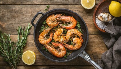 Top view of prawns shrimps roasted on pan with herbs isolated on rustic wooden kitchen table