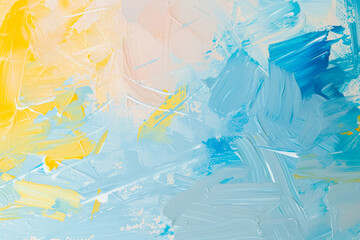 Bright abstract painting with blue and yellow brush strokes on canvas.