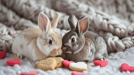 Two bunnies on a soft blanket, surrounded by heart-shaped cookies, generative ai