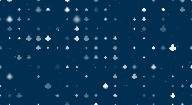 Template animation of evenly spaced clubs of different sizes and opacity. Animation of transparency and size. Seamless looped 4k animation on dark blue background with stars