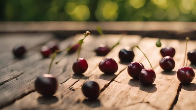 A Group of Cherries on a Wooden Table
