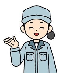 作業着を着た女性が案内をしている