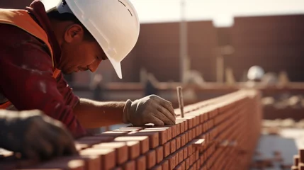 Deurstickers Close up of industrial bricklayer installing bricks on construction site . Generative Ai © Fuji