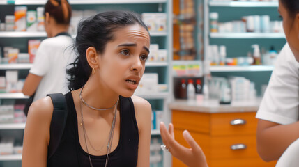 Worried young woman asking a question at the pharmacy, pharmacist in background - obrazy, fototapety, plakaty