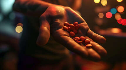 Closeup of handful of red pills in palm with dark nightclub background - obrazy, fototapety, plakaty
