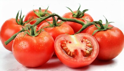 Fresh juicy red Tomato with cut in half isolated on white background. Clipping path.	
