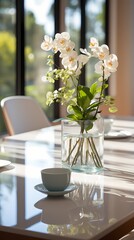 A close-up of a modern conference table with a glossy white surface and chrome accents. The table is set with laptops, notebooks, and a vase of fresh flowers. The clean lines and