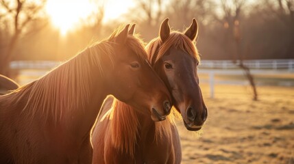 Obraz premium Two horses nuzzling each other in a sunlit pasture, capturing a tender moment generative ai