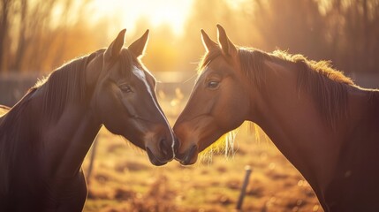 Two horses nuzzling each other in a sunlit pasture, capturing a tender moment generative ai - obrazy, fototapety, plakaty