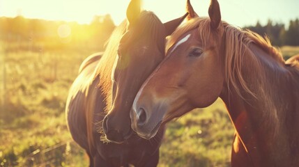 Two horses nuzzling each other in a sunlit pasture, capturing a tender moment generative ai