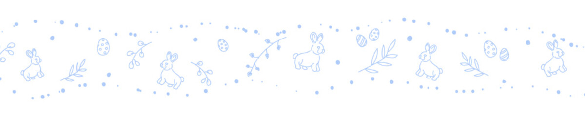 Vector. Cute hand drawn Easter horizontal background with bunnies, easter eggs. Festive background with Easter linear symbols. Copy space for text. Design cards, banners and other promotional items.