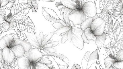 Wallpaper design with floral paint brush line art. Leaves and flowers nature design. Coloring book