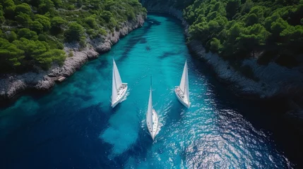 Foto op Aluminium Aerial view of majestic sailboats sailing in perfect formation on a crystal clear blue sea © Viktoria