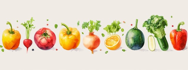 A vibrant array of watercolor vegetables in a row, symbolizing fresh produce and healthy lifestyle choices.