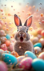 Fototapeta na wymiar An awe-struck rabbit surrounded by pastel Easter eggs in a magical, dreamlike setting with floating particles.
