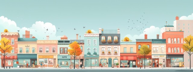 Colorful main street scene with fall colors and clear skies, symbolizing a cozy, small-town atmosphere. - obrazy, fototapety, plakaty